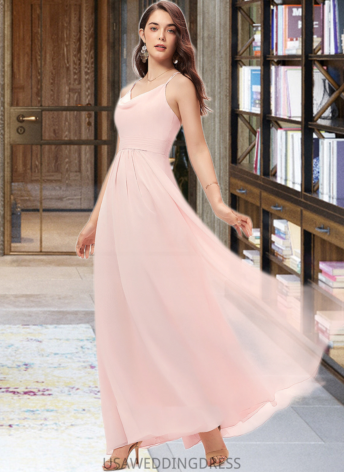 Meg A-Line Cowl Neck Floor-Length Chiffon Bridesmaid Dress DSP0013005