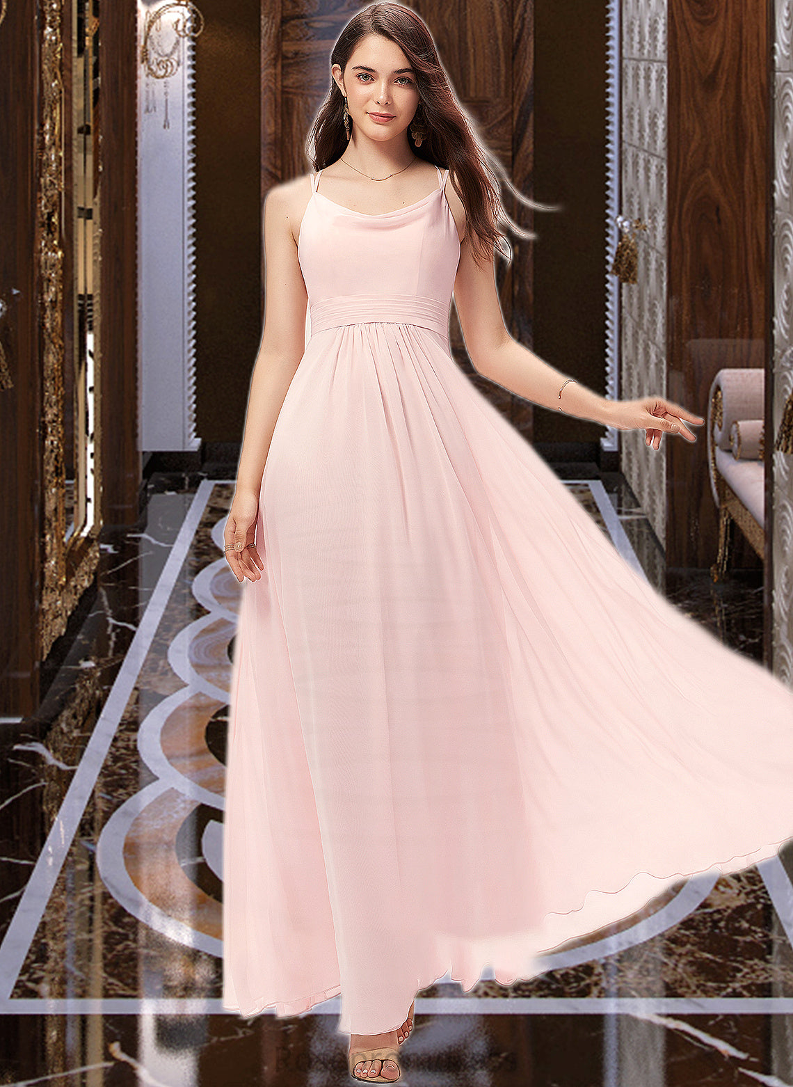 Elisabeth A-Line Cowl Neck Floor-Length Chiffon Bridesmaid Dress SRSP0013005