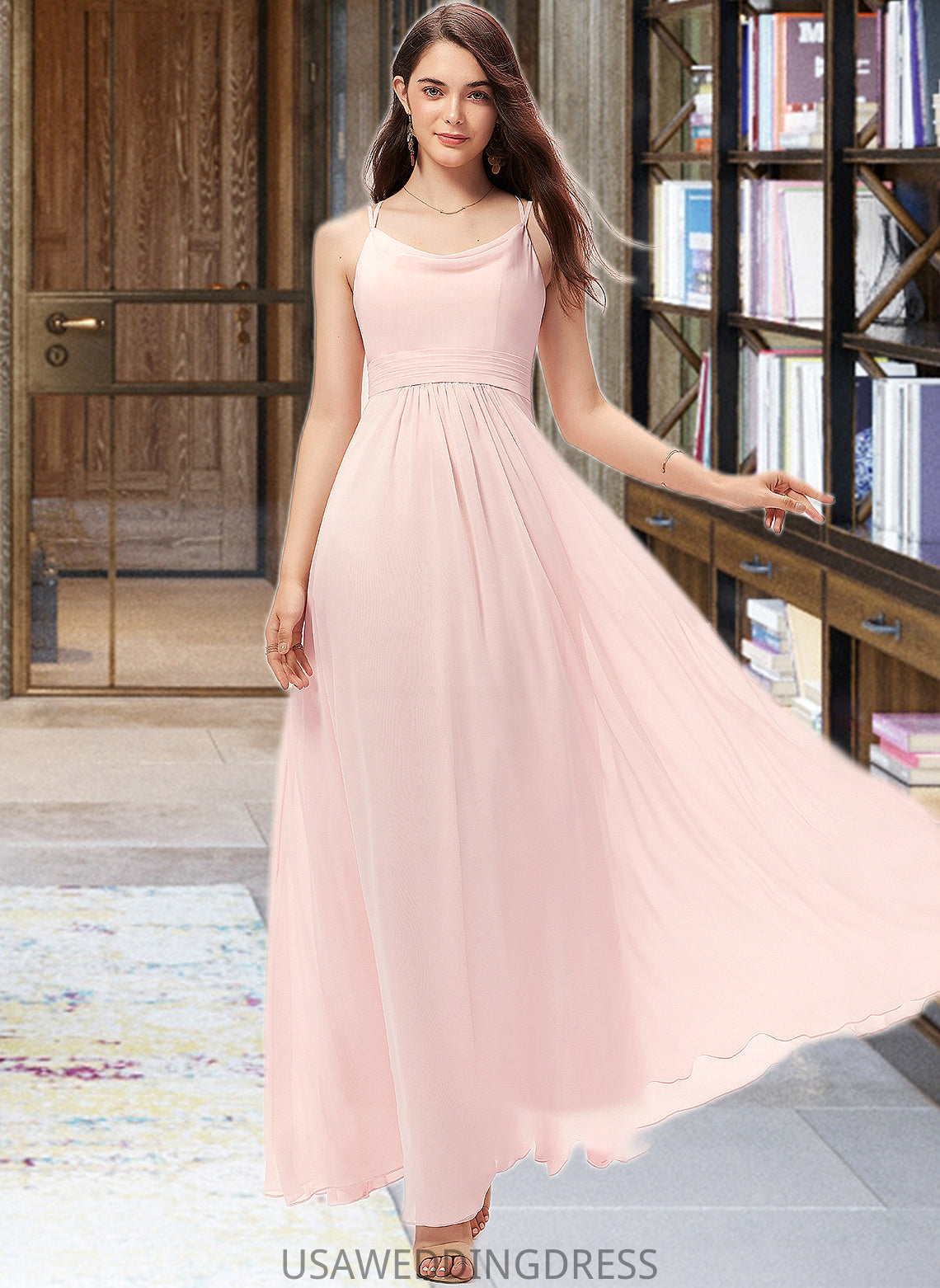Meg A-Line Cowl Neck Floor-Length Chiffon Bridesmaid Dress DSP0013005