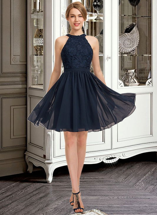 Rory A-Line Scoop Neck Knee-Length Chiffon Lace Bridesmaid Dress With Ruffle SRSP0013006