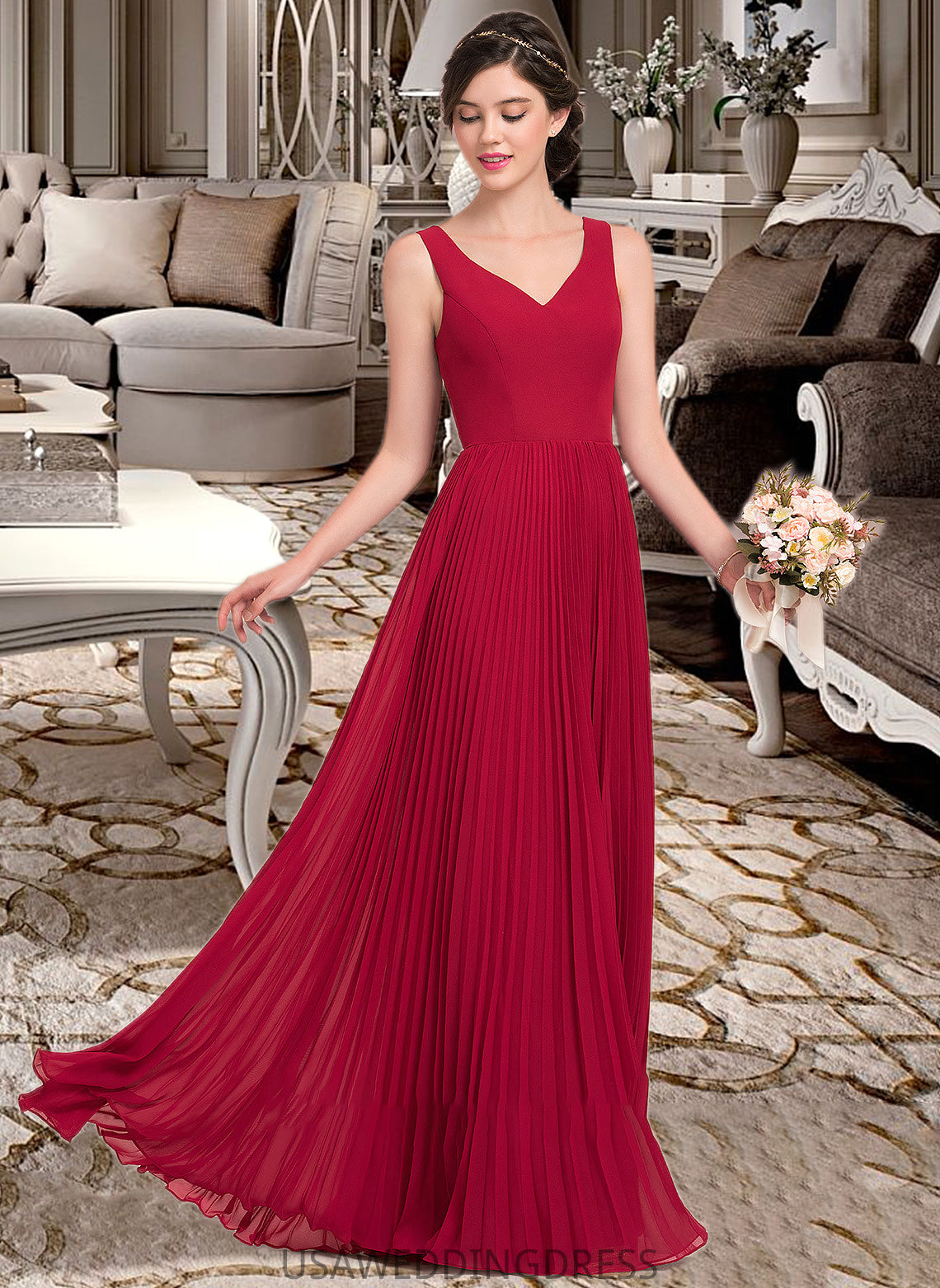 Maleah A-Line V-neck Floor-Length Chiffon Bridesmaid Dress With Split Front Pleated DSP0013007