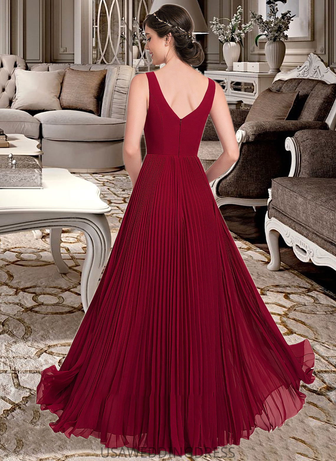 Maleah A-Line V-neck Floor-Length Chiffon Bridesmaid Dress With Split Front Pleated DSP0013007