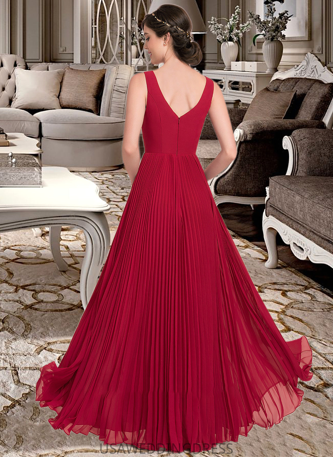 Maleah A-Line V-neck Floor-Length Chiffon Bridesmaid Dress With Split Front Pleated DSP0013007