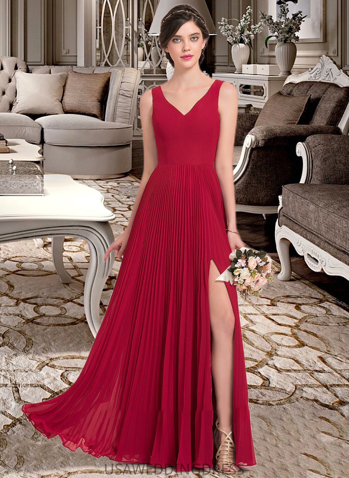 Maleah A-Line V-neck Floor-Length Chiffon Bridesmaid Dress With Split Front Pleated DSP0013007