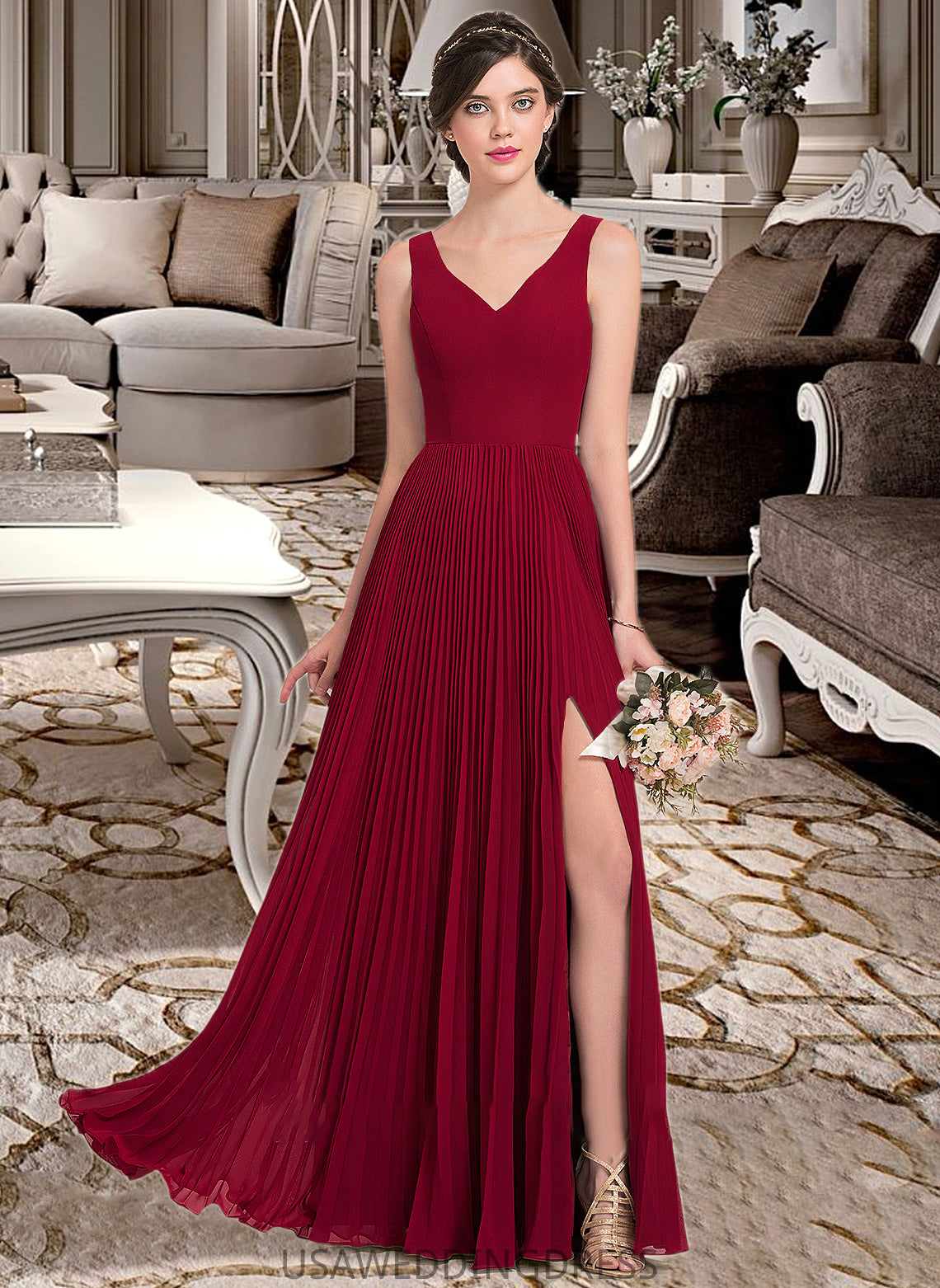 Maleah A-Line V-neck Floor-Length Chiffon Bridesmaid Dress With Split Front Pleated DSP0013007