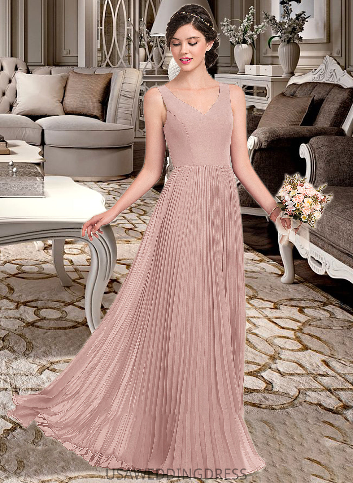 Maleah A-Line V-neck Floor-Length Chiffon Bridesmaid Dress With Split Front Pleated DSP0013007