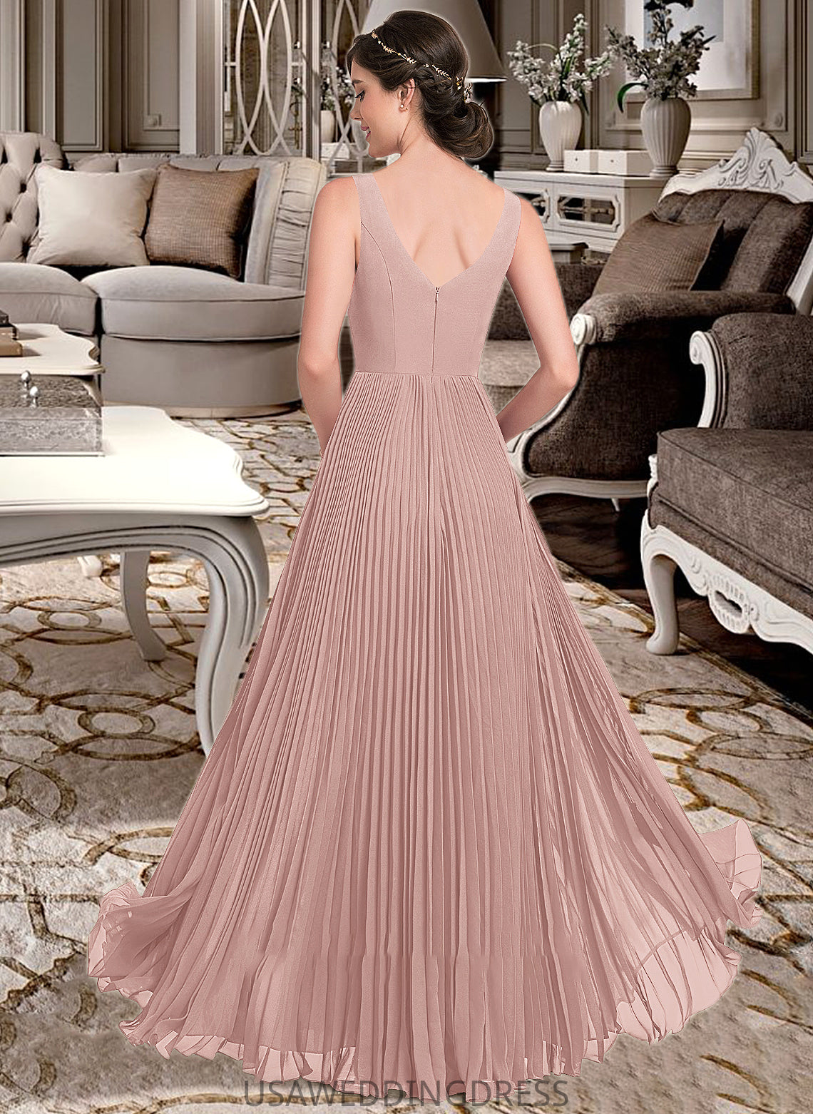 Maleah A-Line V-neck Floor-Length Chiffon Bridesmaid Dress With Split Front Pleated DSP0013007