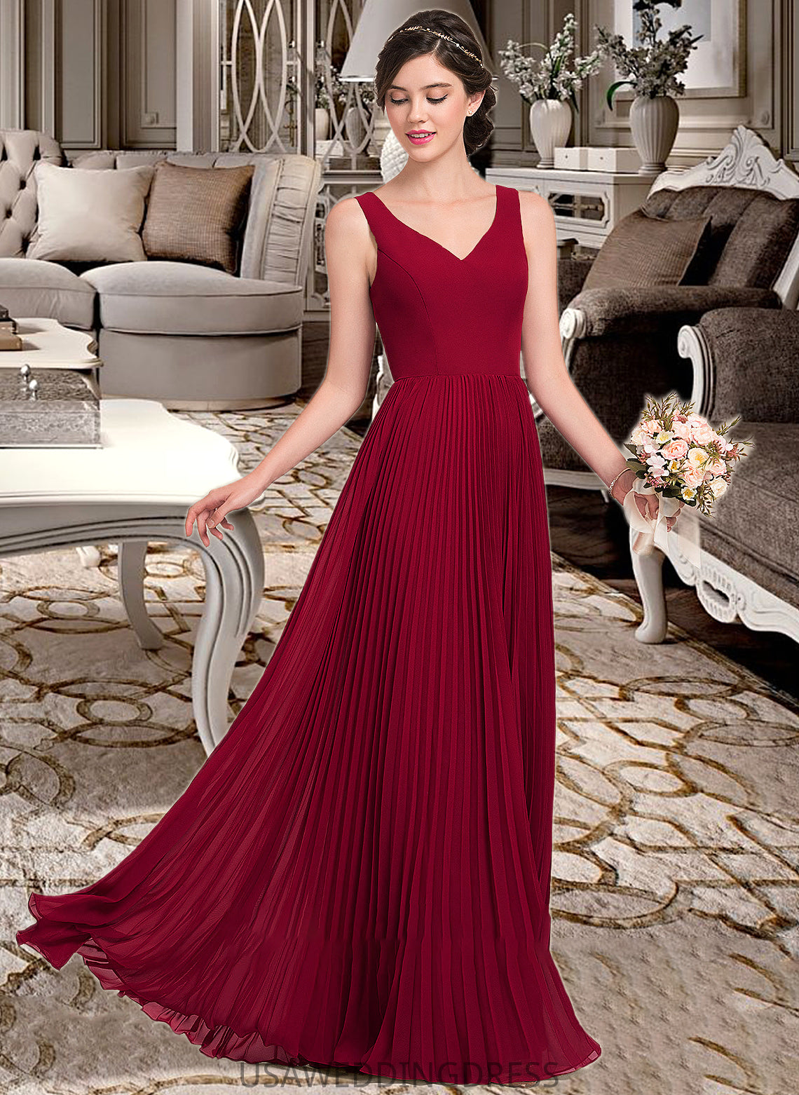 Maleah A-Line V-neck Floor-Length Chiffon Bridesmaid Dress With Split Front Pleated DSP0013007