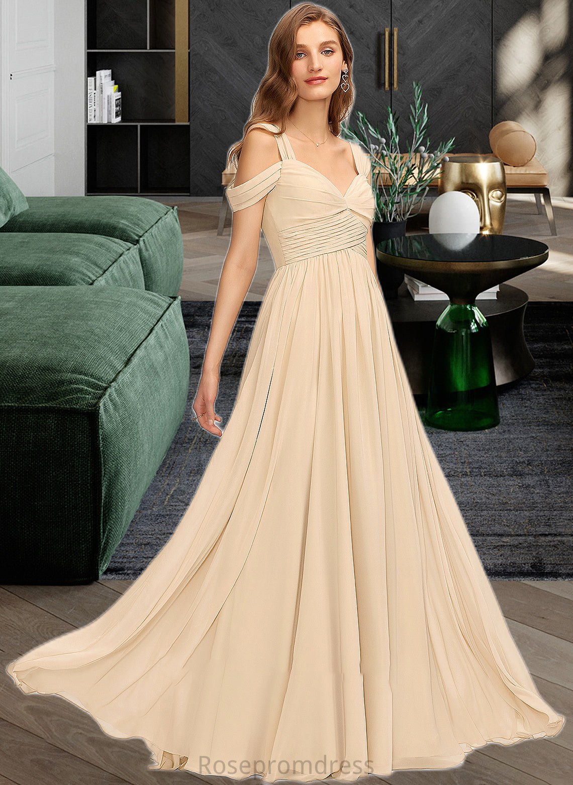 Hailie A-Line V-neck Floor-Length Chiffon Bridesmaid Dress With Ruffle SRSP0013011