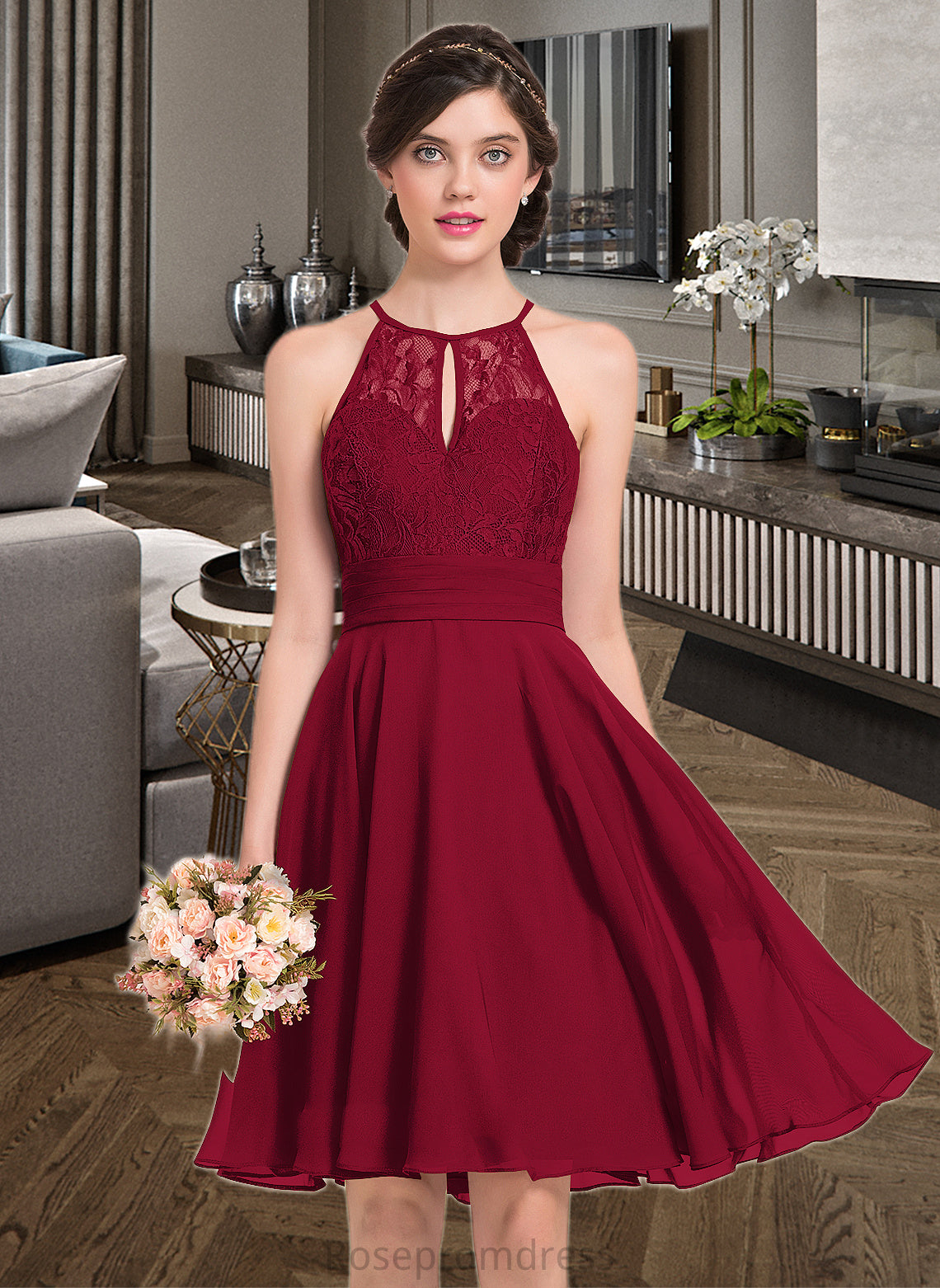 Lara A-Line Scoop Neck Knee-Length Chiffon Lace Bridesmaid Dress With Ruffle Bow(s) SRSP0013012