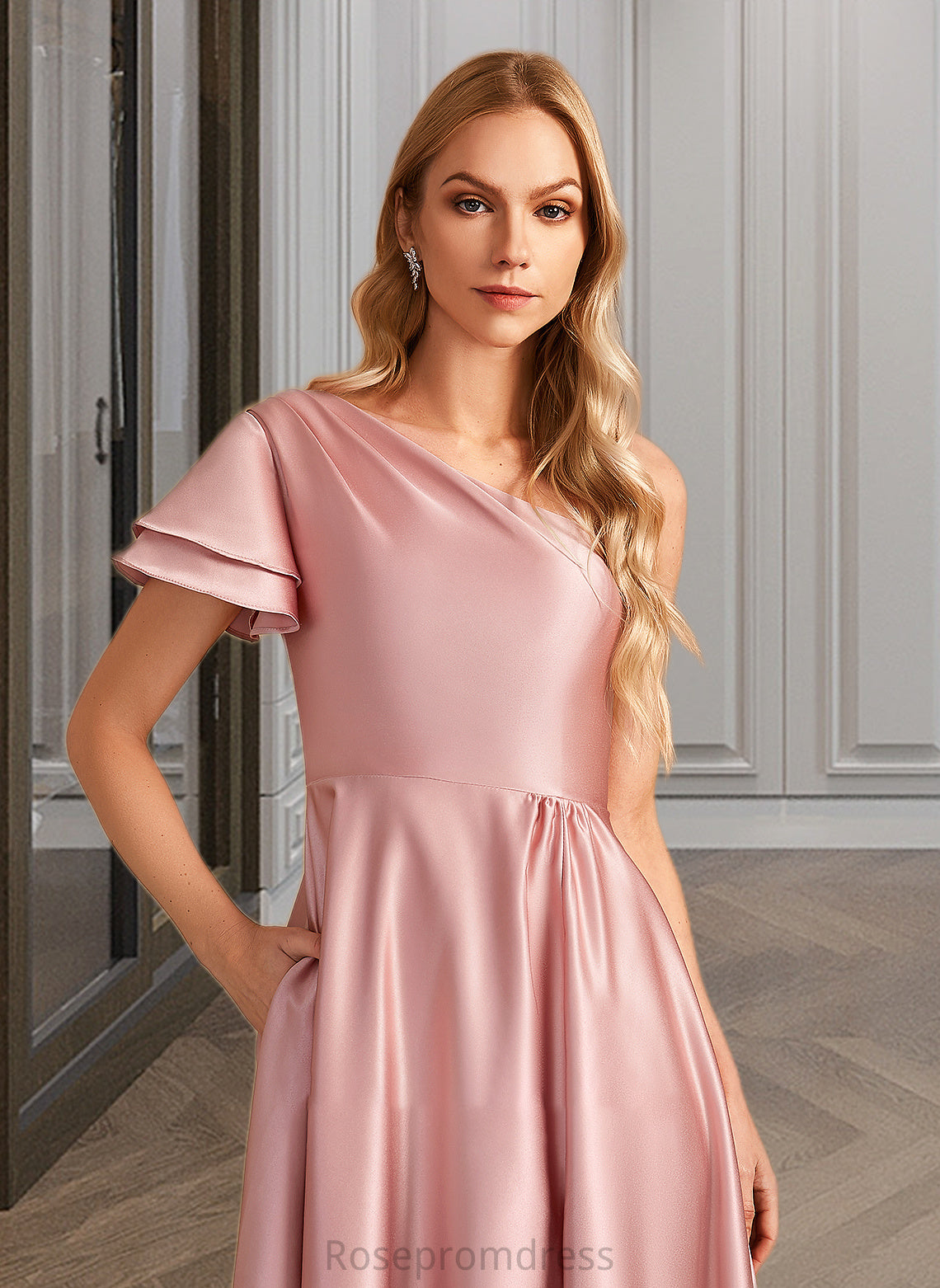 Kinley A-Line One-Shoulder Floor-Length Bridesmaid Dress With Split Front SRSP0013013