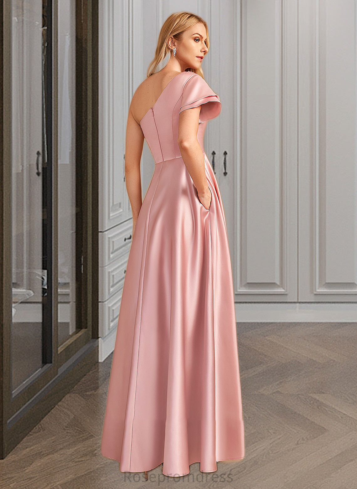 Kinley A-Line One-Shoulder Floor-Length Bridesmaid Dress With Split Front SRSP0013013