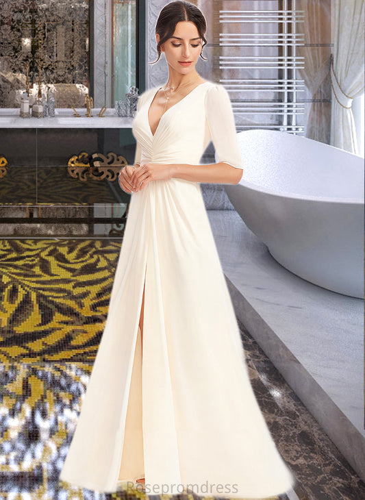 Livia A-Line V-neck Floor-Length Bridesmaid Dress With Split Front SRSP0013015