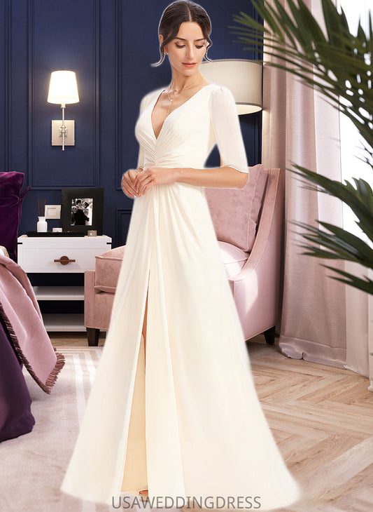 Jamiya A-Line V-neck Floor-Length Bridesmaid Dress With Split Front DSP0013015