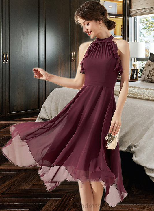 Livia A-Line Scoop Neck Tea-Length Chiffon Bridesmaid Dress With Cascading Ruffles SRSP0013016
