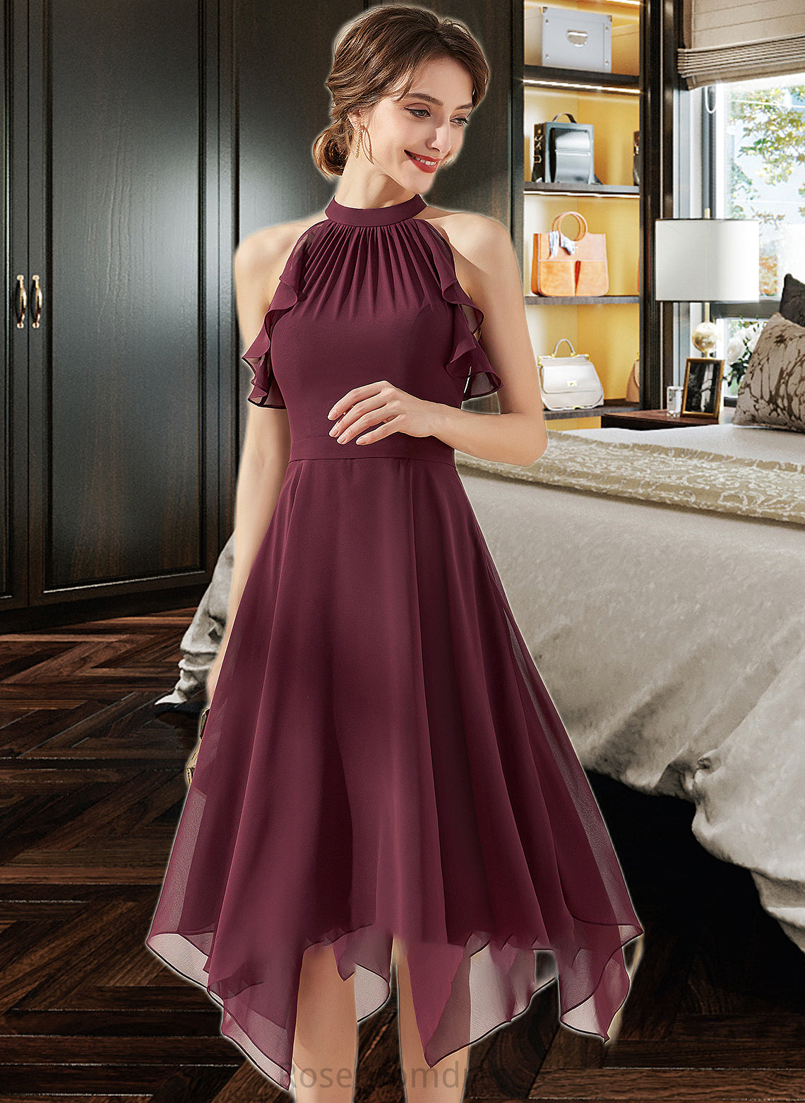 Livia A-Line Scoop Neck Tea-Length Chiffon Bridesmaid Dress With Cascading Ruffles SRSP0013016