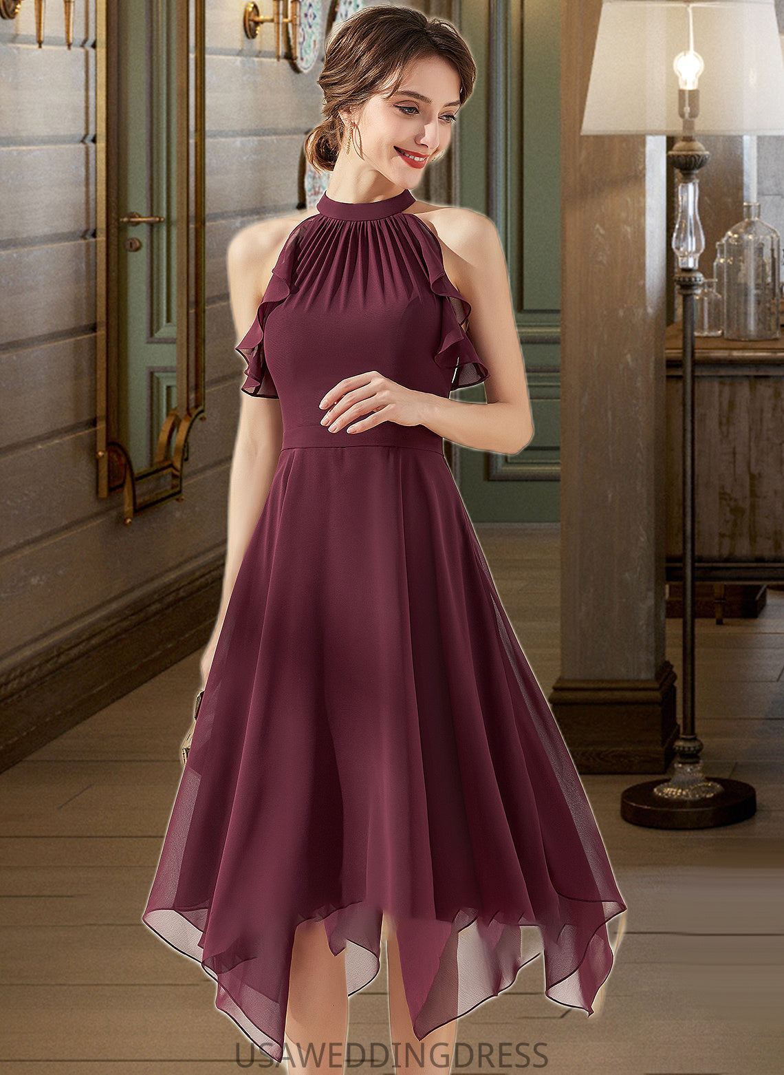 Danielle A-Line Scoop Neck Tea-Length Chiffon Bridesmaid Dress With Cascading Ruffles DSP0013016