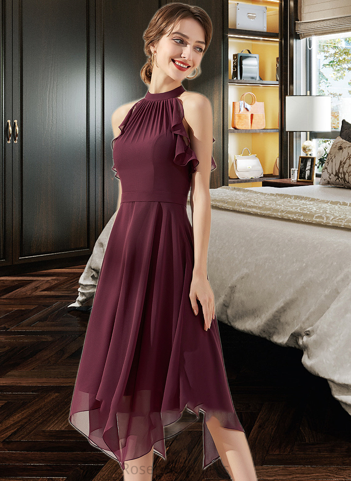 Livia A-Line Scoop Neck Tea-Length Chiffon Bridesmaid Dress With Cascading Ruffles SRSP0013016