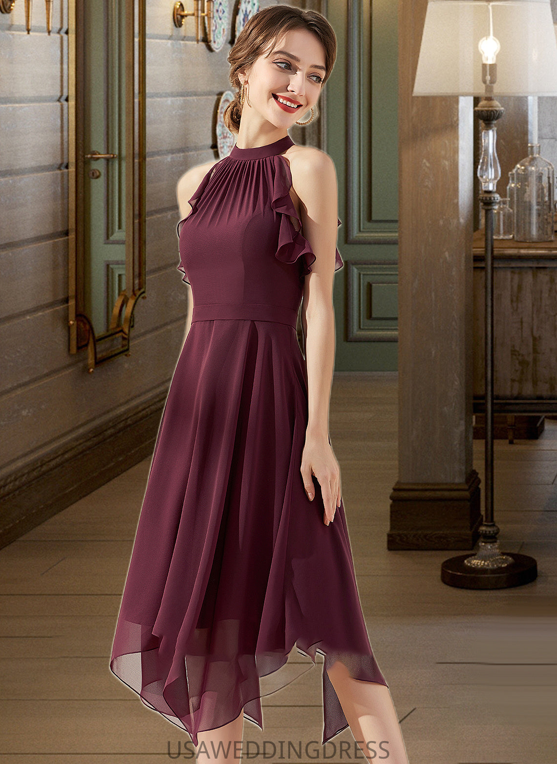Danielle A-Line Scoop Neck Tea-Length Chiffon Bridesmaid Dress With Cascading Ruffles DSP0013016
