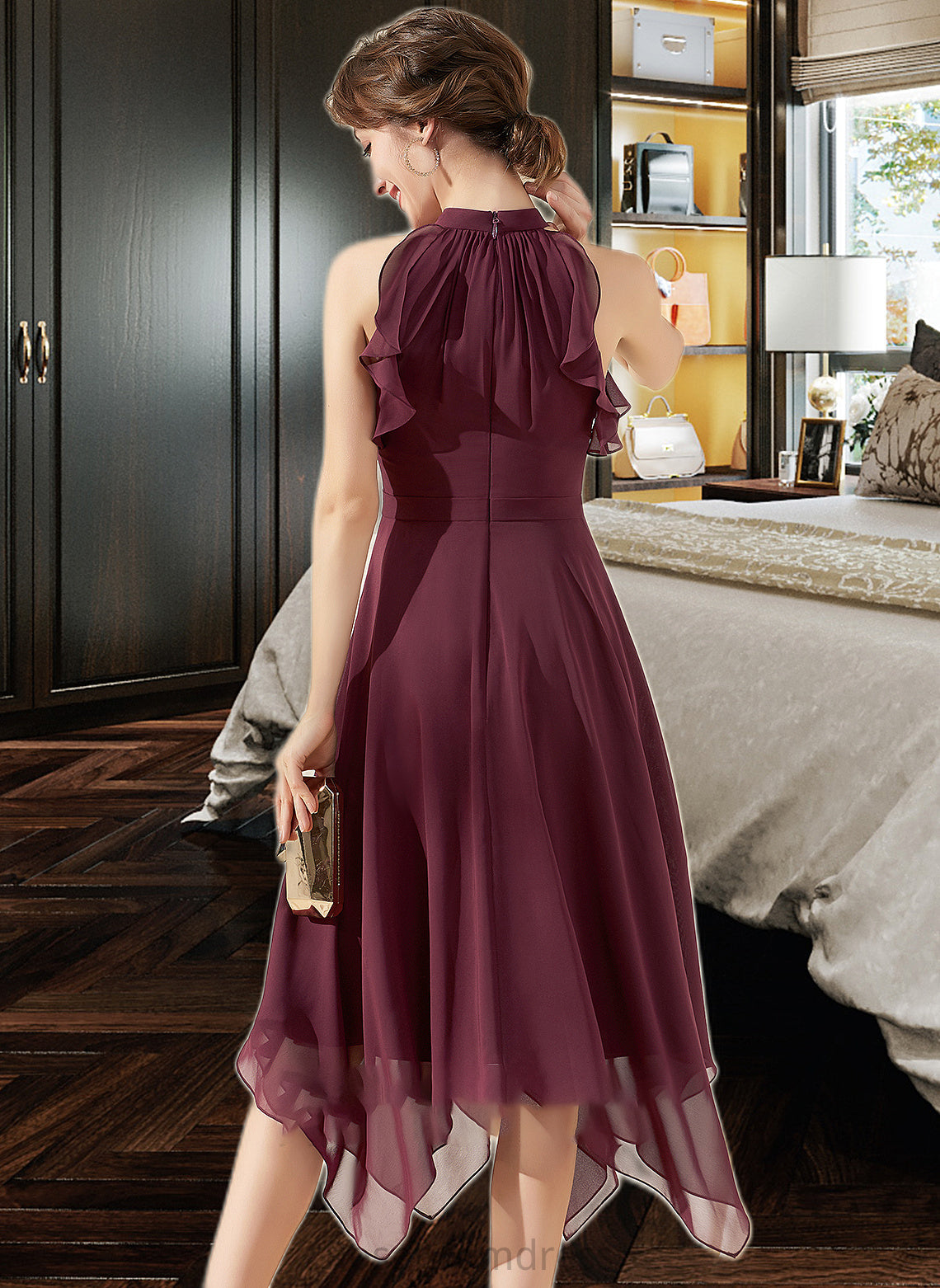 Livia A-Line Scoop Neck Tea-Length Chiffon Bridesmaid Dress With Cascading Ruffles SRSP0013016