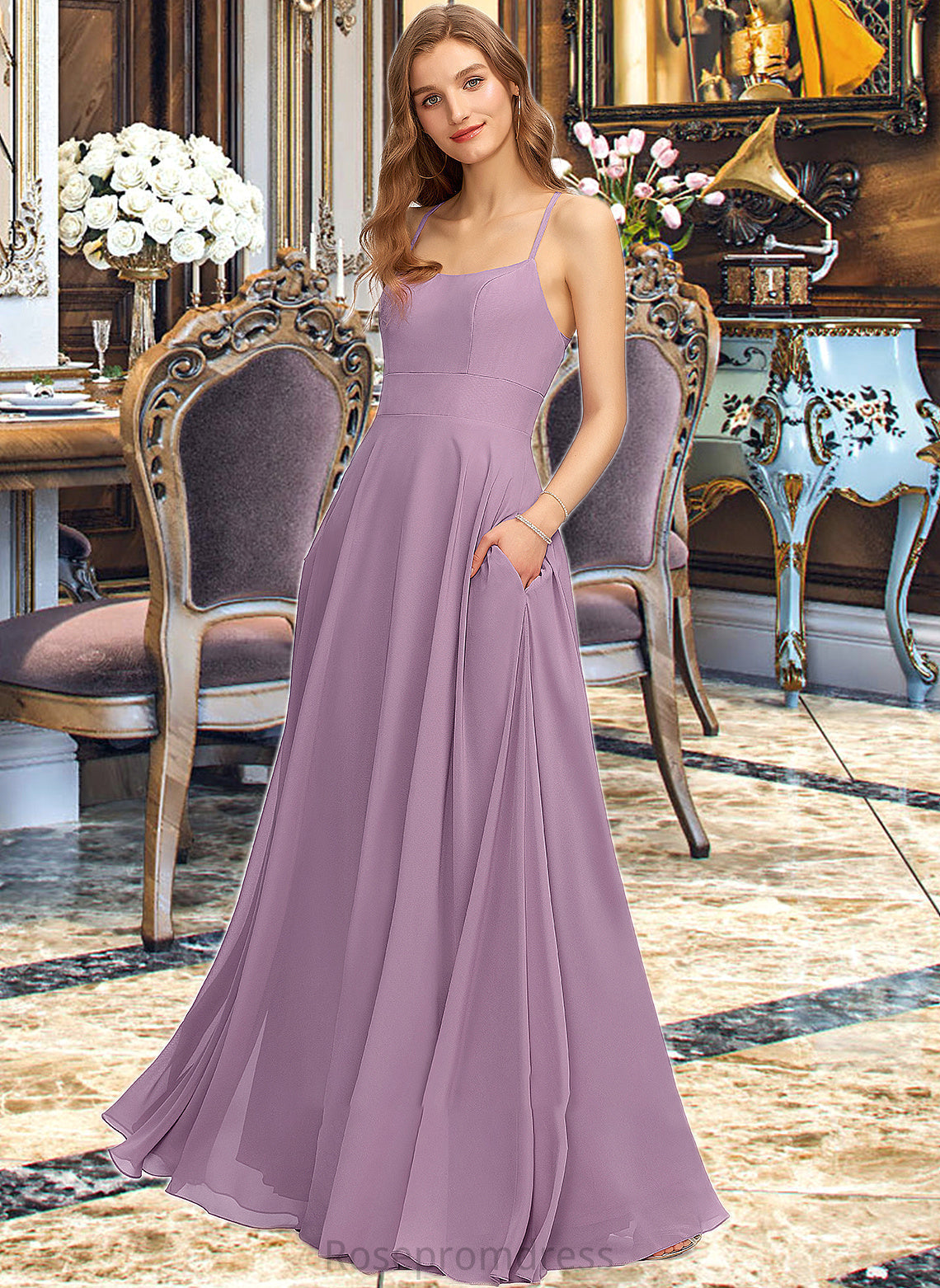 Litzy A-Line Scoop Neck Floor-Length Chiffon Bridesmaid Dress With Pockets SRSP0013017