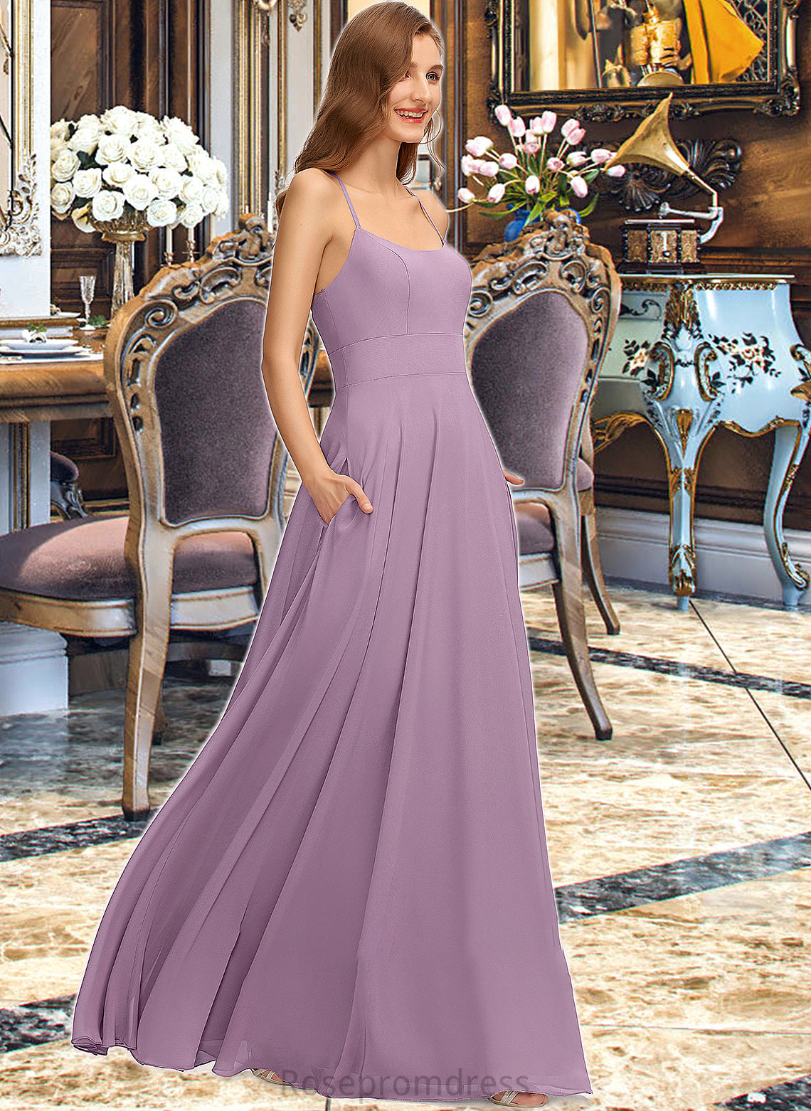 Litzy A-Line Scoop Neck Floor-Length Chiffon Bridesmaid Dress With Pockets SRSP0013017