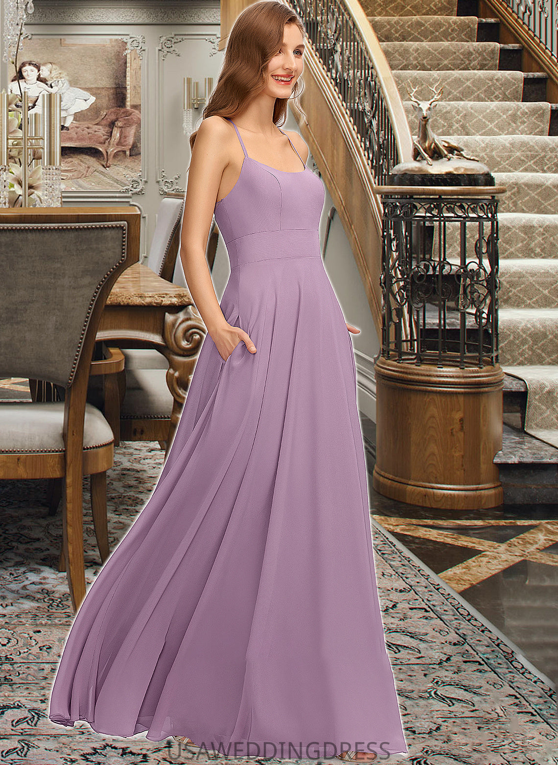 Shania A-Line Scoop Neck Floor-Length Chiffon Bridesmaid Dress With Pockets DSP0013017