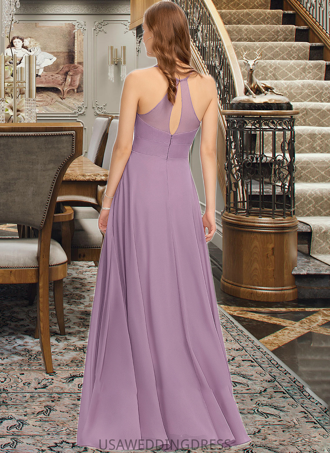 Shania A-Line Scoop Neck Floor-Length Chiffon Bridesmaid Dress With Pockets DSP0013017