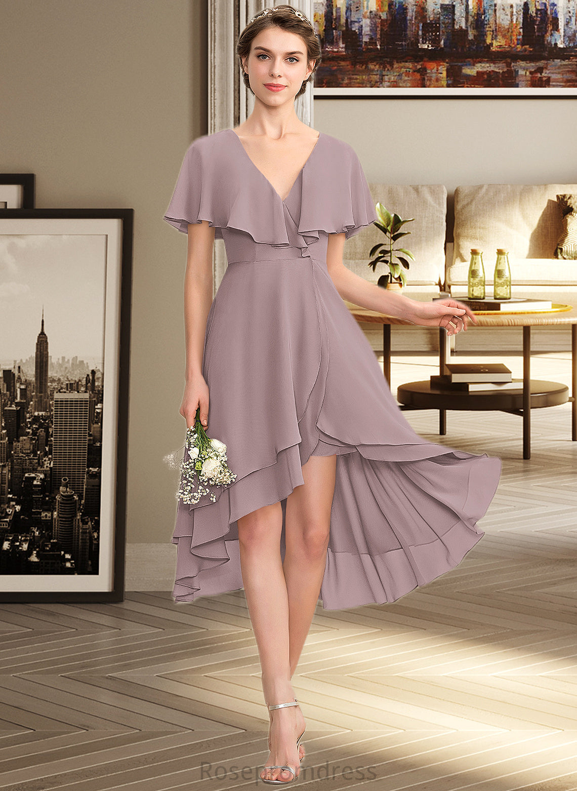 Lesly A-line V-Neck Asymmetrical Chiffon Bridesmaid Dress With Cascading Ruffles SRSP0013019