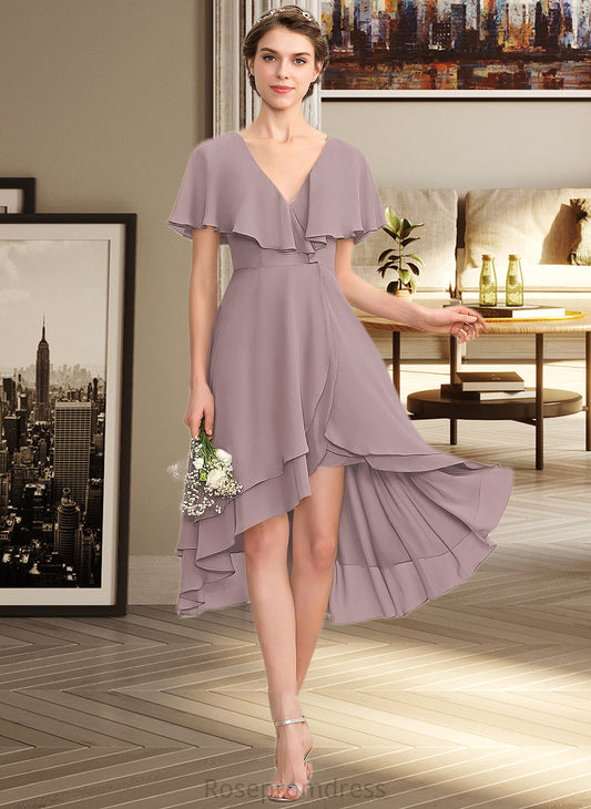 Lesly A-line V-Neck Asymmetrical Chiffon Bridesmaid Dress With Cascading Ruffles SRSP0013019