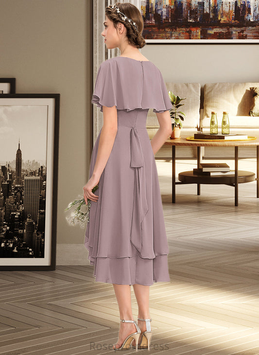 Lesly A-line V-Neck Asymmetrical Chiffon Bridesmaid Dress With Cascading Ruffles SRSP0013019
