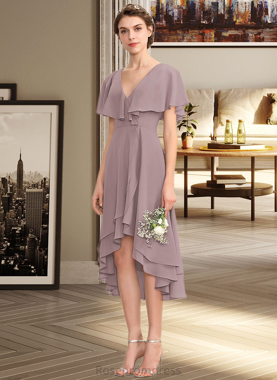 Lesly A-line V-Neck Asymmetrical Chiffon Bridesmaid Dress With Cascading Ruffles SRSP0013019