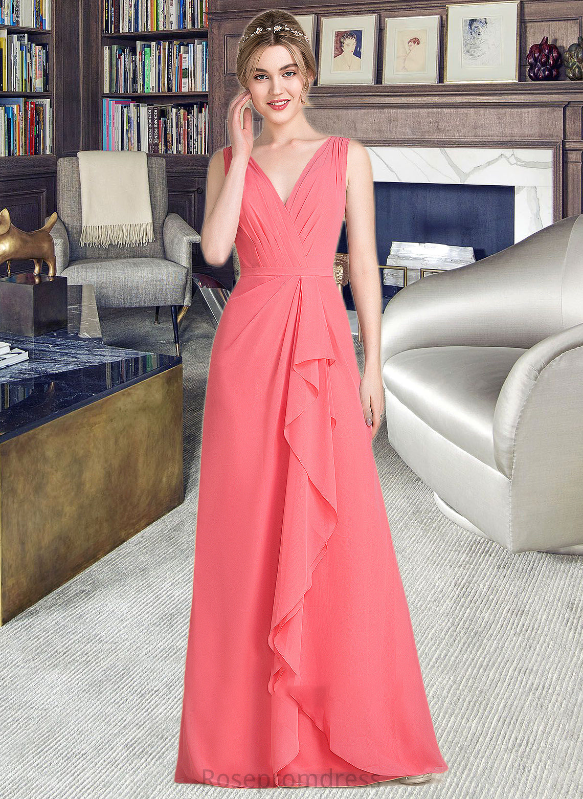 Jaliyah A-line V-Neck Floor-Length Chiffon Bridesmaid Dress With Cascading Ruffles SRSP0013021