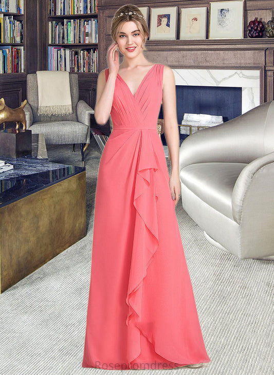 Jaliyah A-line V-Neck Floor-Length Chiffon Bridesmaid Dress With Cascading Ruffles SRSP0013021