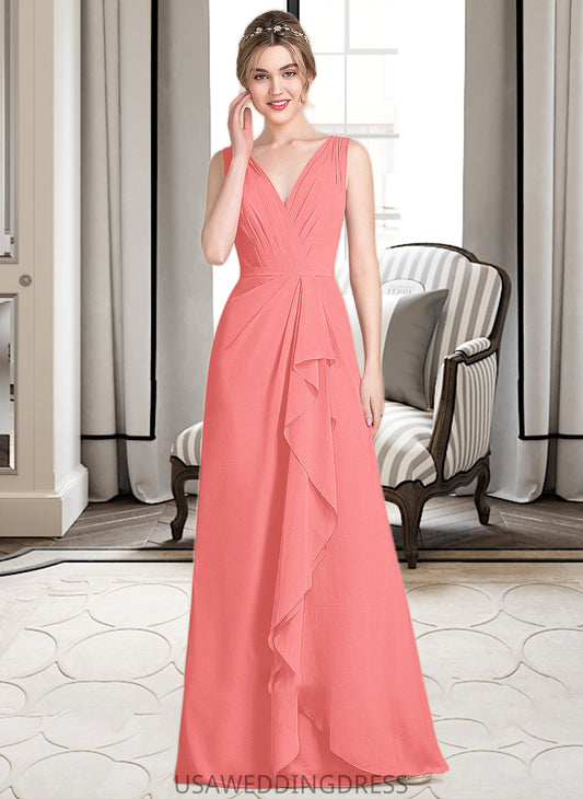 Janice A-line V-Neck Floor-Length Chiffon Bridesmaid Dress With Cascading Ruffles DSP0013021