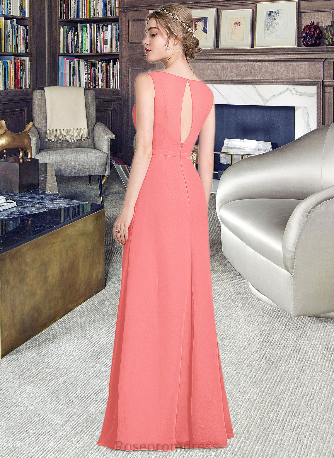 Jaliyah A-line V-Neck Floor-Length Chiffon Bridesmaid Dress With Cascading Ruffles SRSP0013021