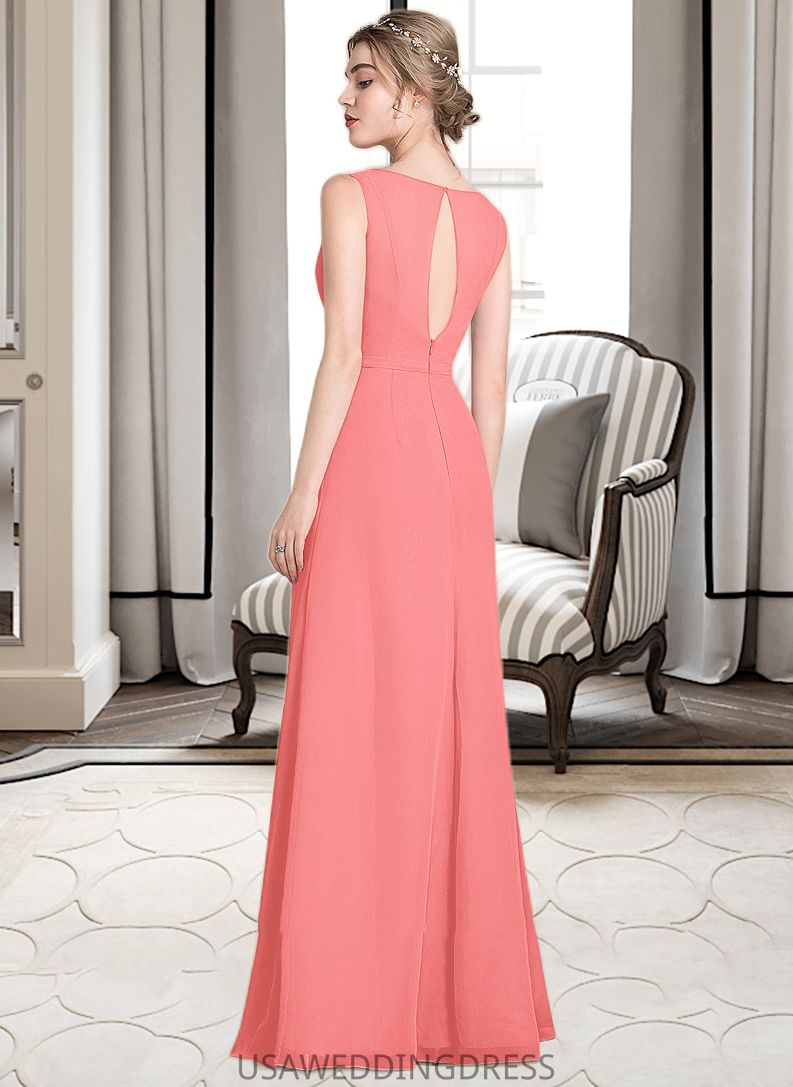 Janice A-line V-Neck Floor-Length Chiffon Bridesmaid Dress With Cascading Ruffles DSP0013021