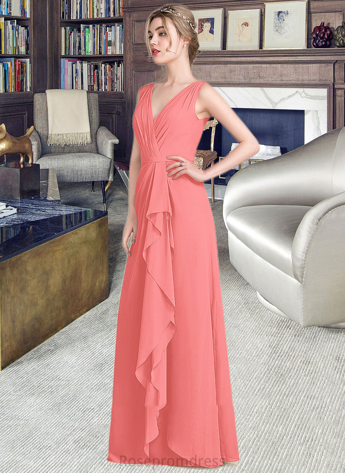 Jaliyah A-line V-Neck Floor-Length Chiffon Bridesmaid Dress With Cascading Ruffles SRSP0013021