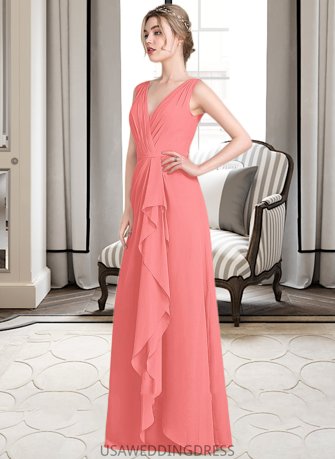 Janice A-line V-Neck Floor-Length Chiffon Bridesmaid Dress With Cascading Ruffles DSP0013021