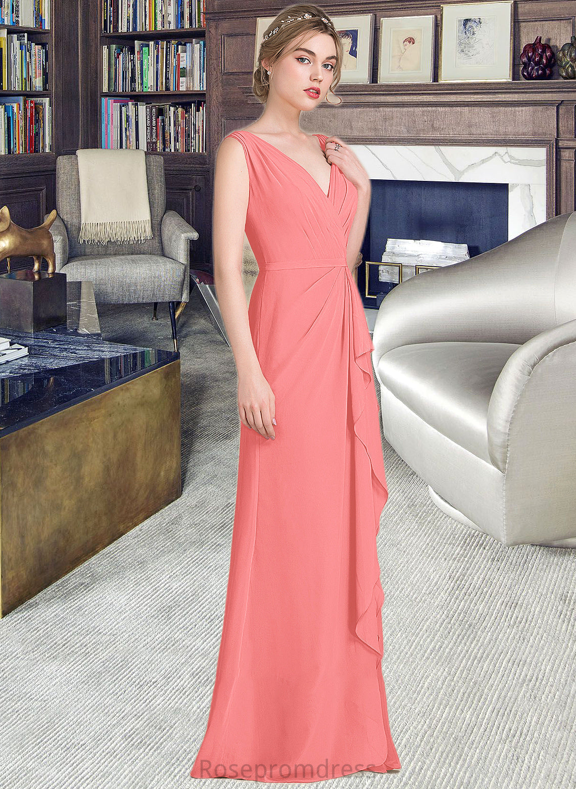 Jaliyah A-line V-Neck Floor-Length Chiffon Bridesmaid Dress With Cascading Ruffles SRSP0013021