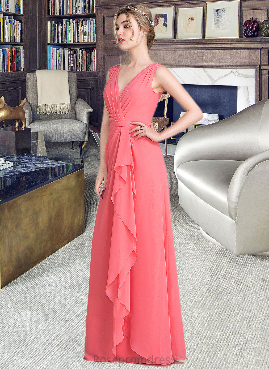 Jaliyah A-line V-Neck Floor-Length Chiffon Bridesmaid Dress With Cascading Ruffles SRSP0013021