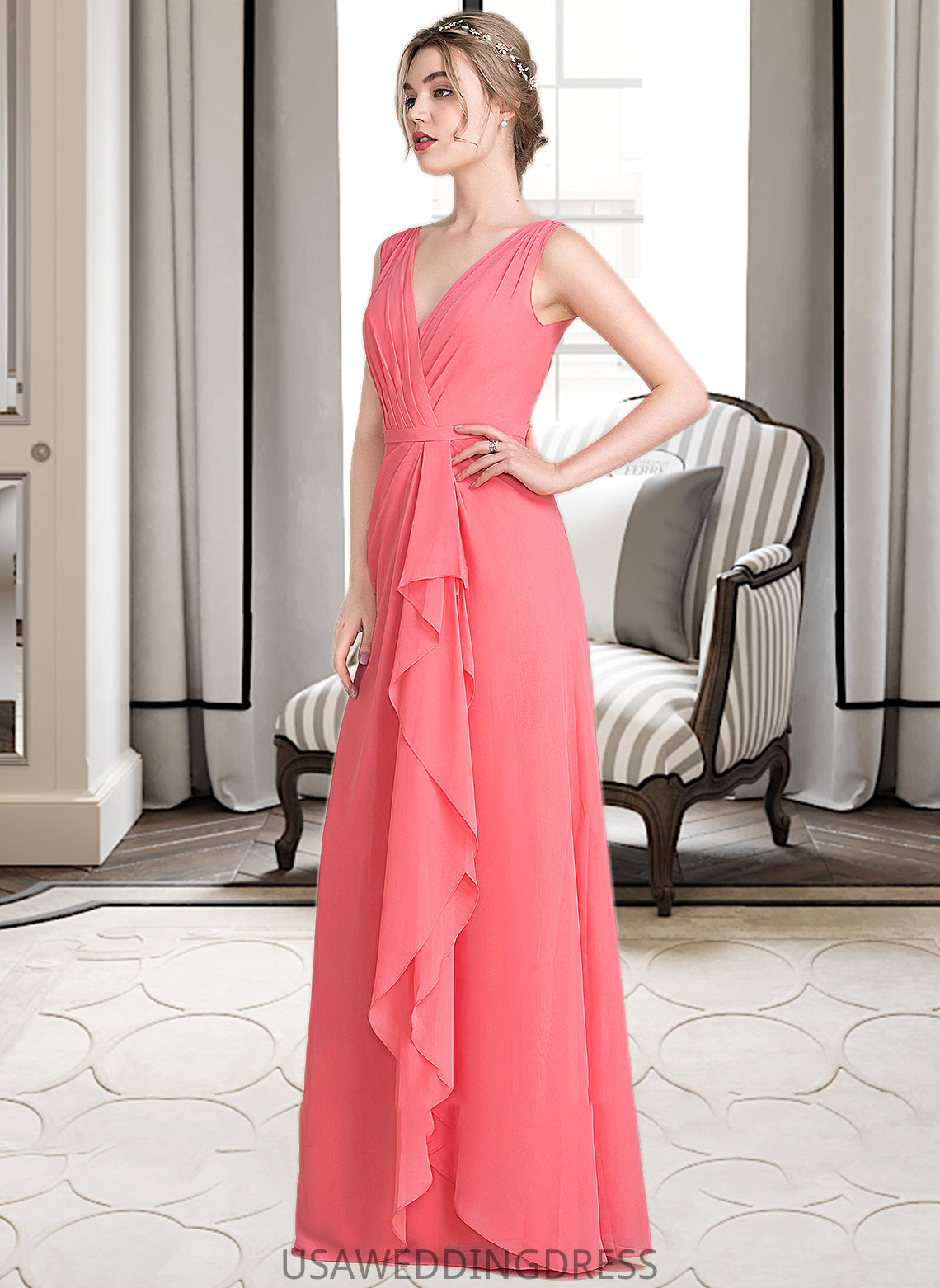 Janice A-line V-Neck Floor-Length Chiffon Bridesmaid Dress With Cascading Ruffles DSP0013021
