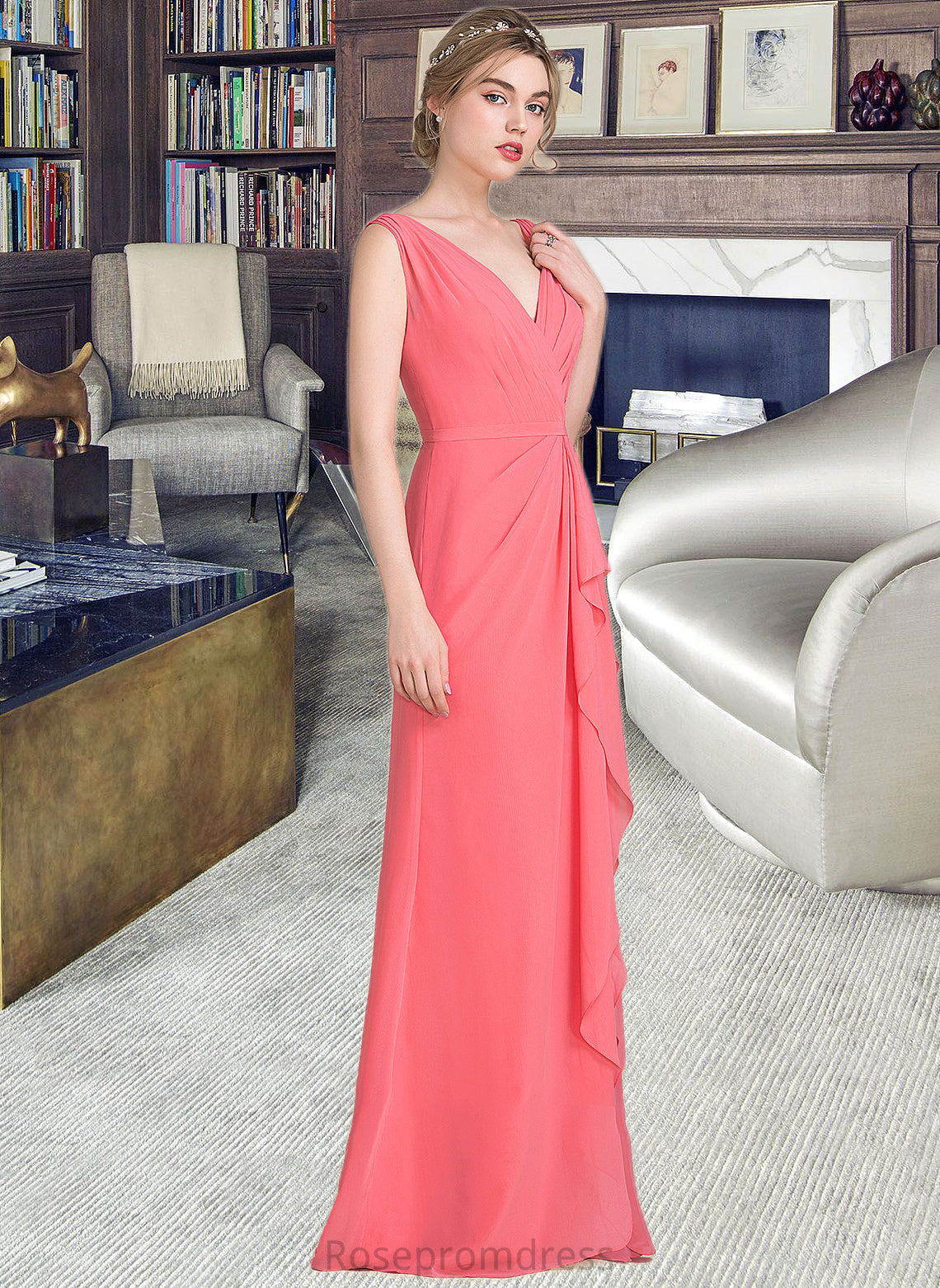 Jaliyah A-line V-Neck Floor-Length Chiffon Bridesmaid Dress With Cascading Ruffles SRSP0013021