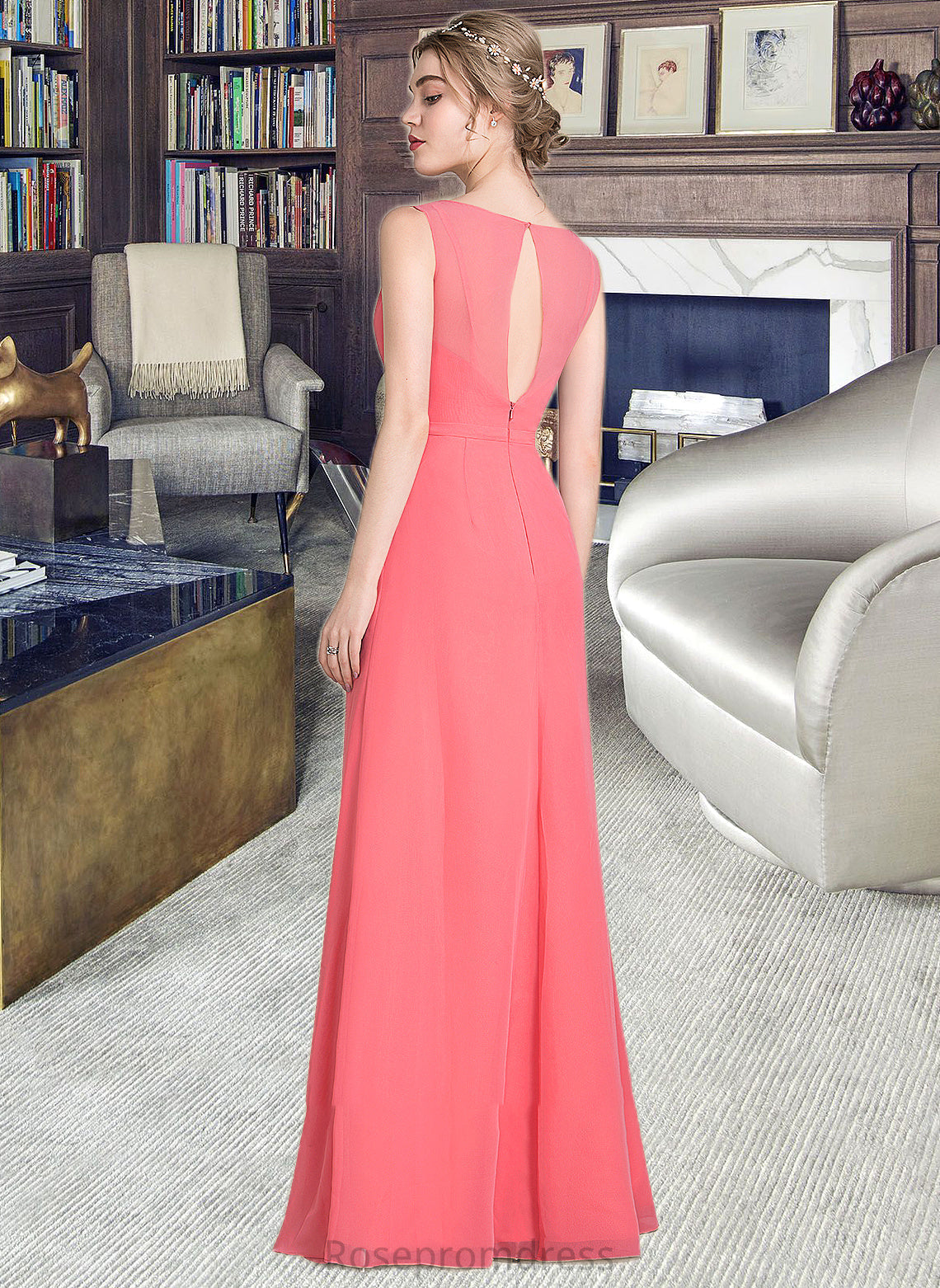 Jaliyah A-line V-Neck Floor-Length Chiffon Bridesmaid Dress With Cascading Ruffles SRSP0013021