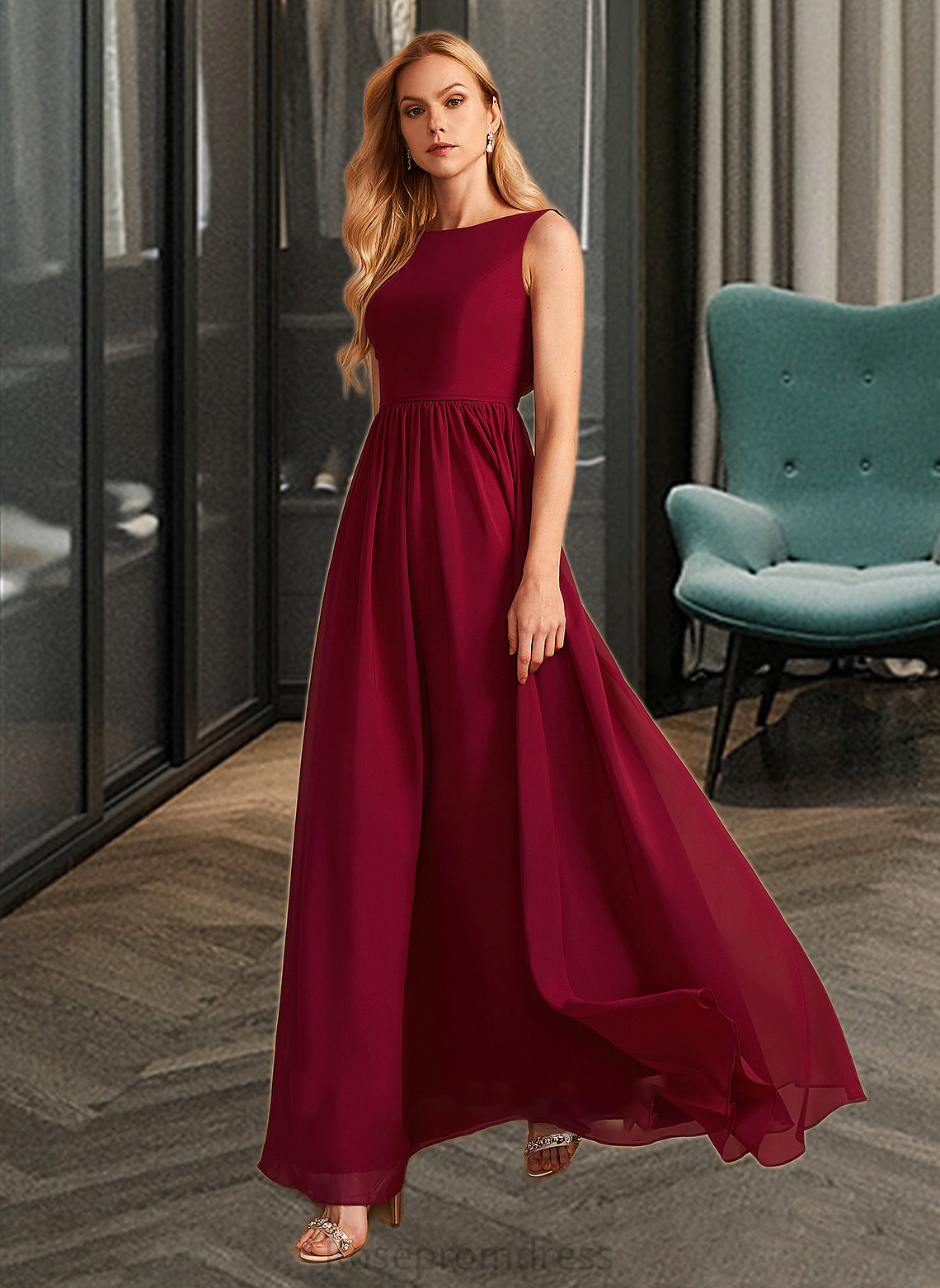Isabel A-Line High Neck Floor-Length Bridesmaid Dress With Bow(s) SRSP0013022