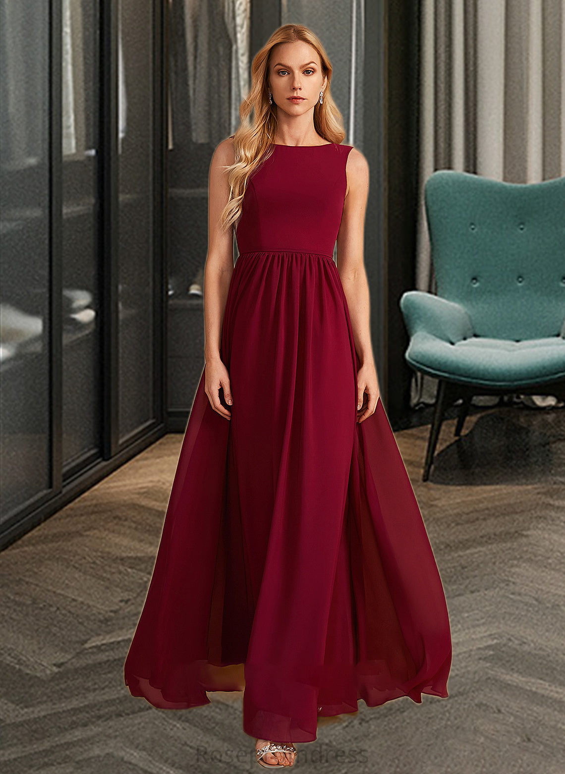 Isabel A-Line High Neck Floor-Length Bridesmaid Dress With Bow(s) SRSP0013022