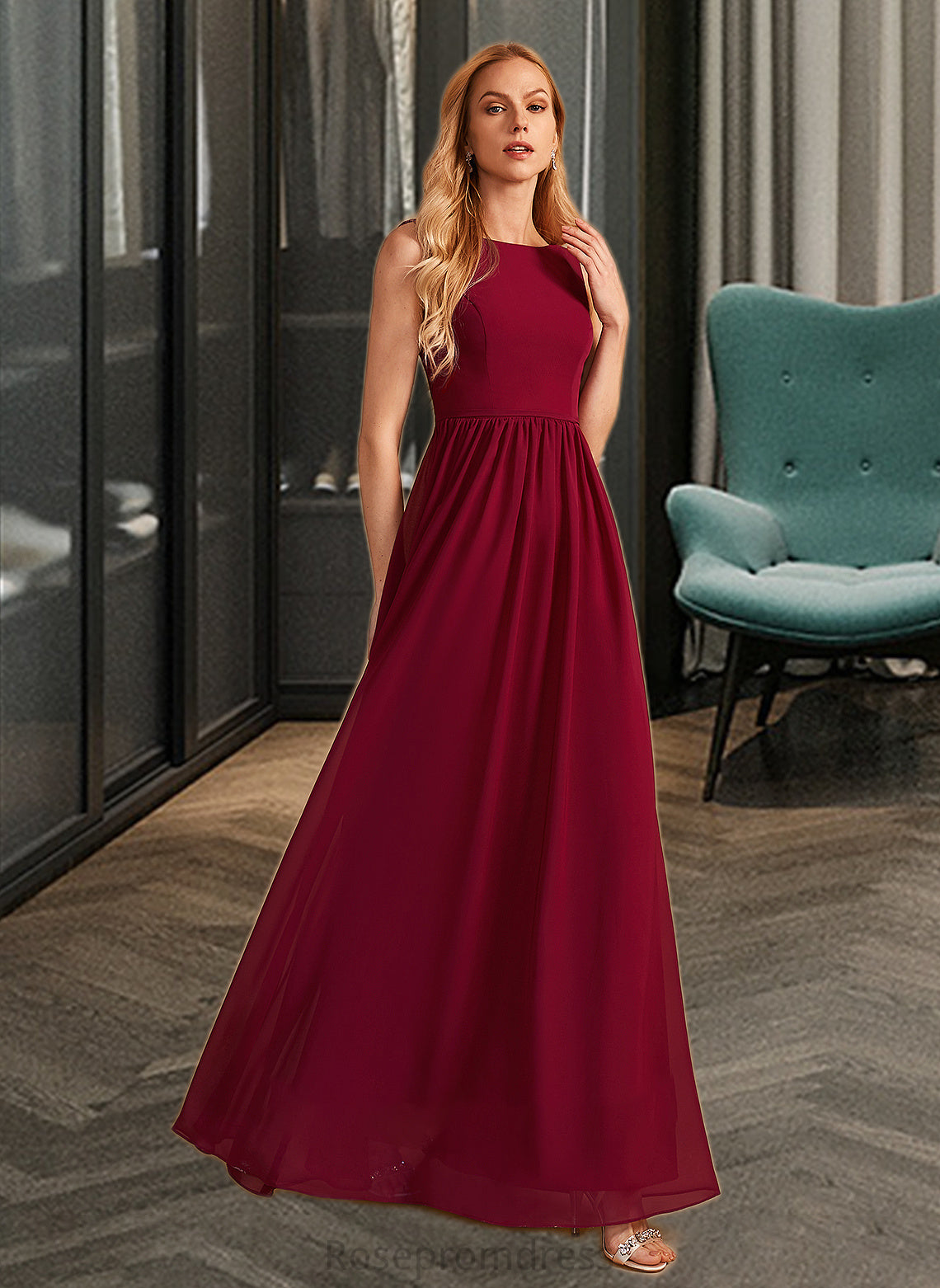 Isabel A-Line High Neck Floor-Length Bridesmaid Dress With Bow(s) SRSP0013022