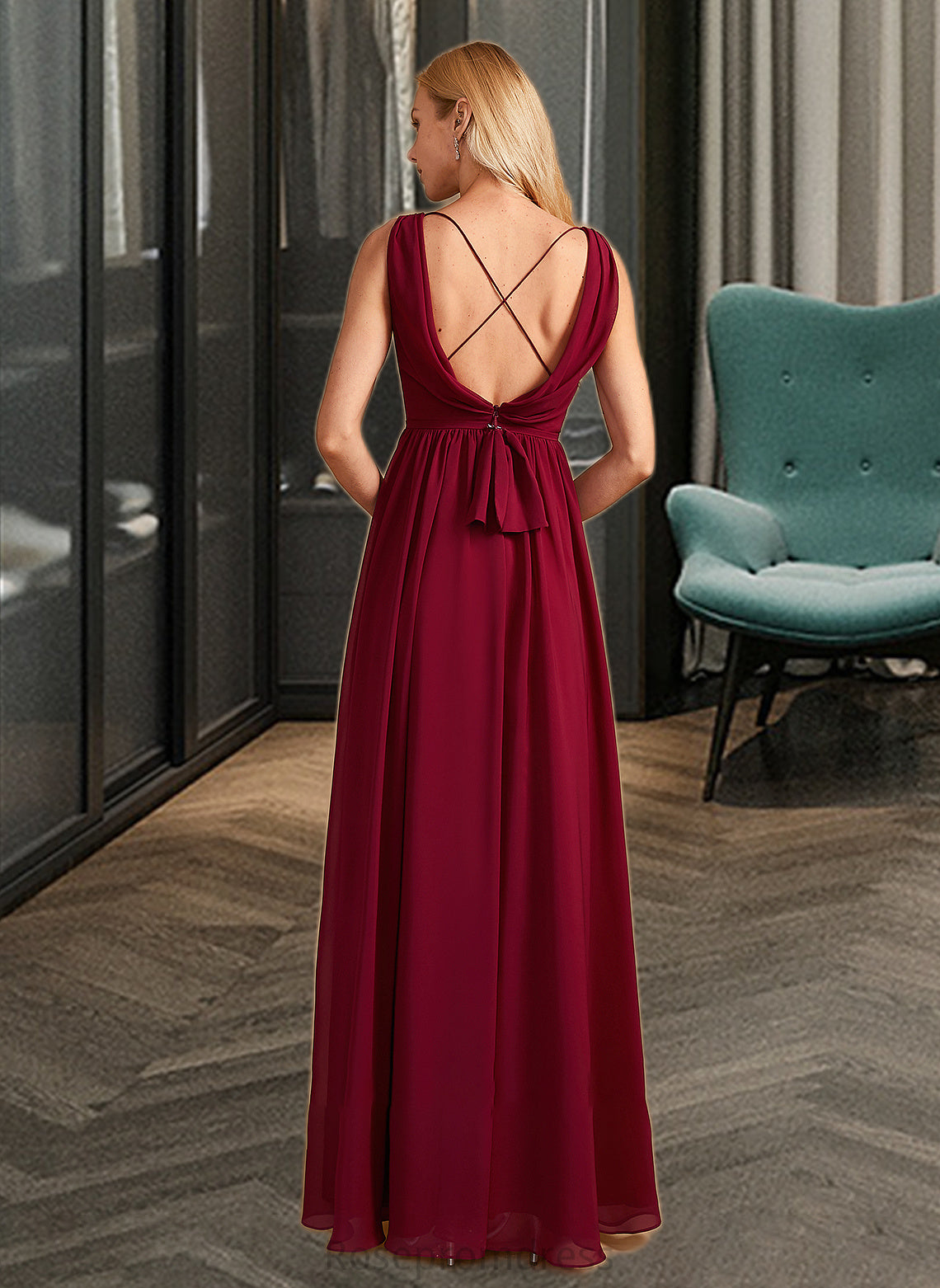 Isabel A-Line High Neck Floor-Length Bridesmaid Dress With Bow(s) SRSP0013022