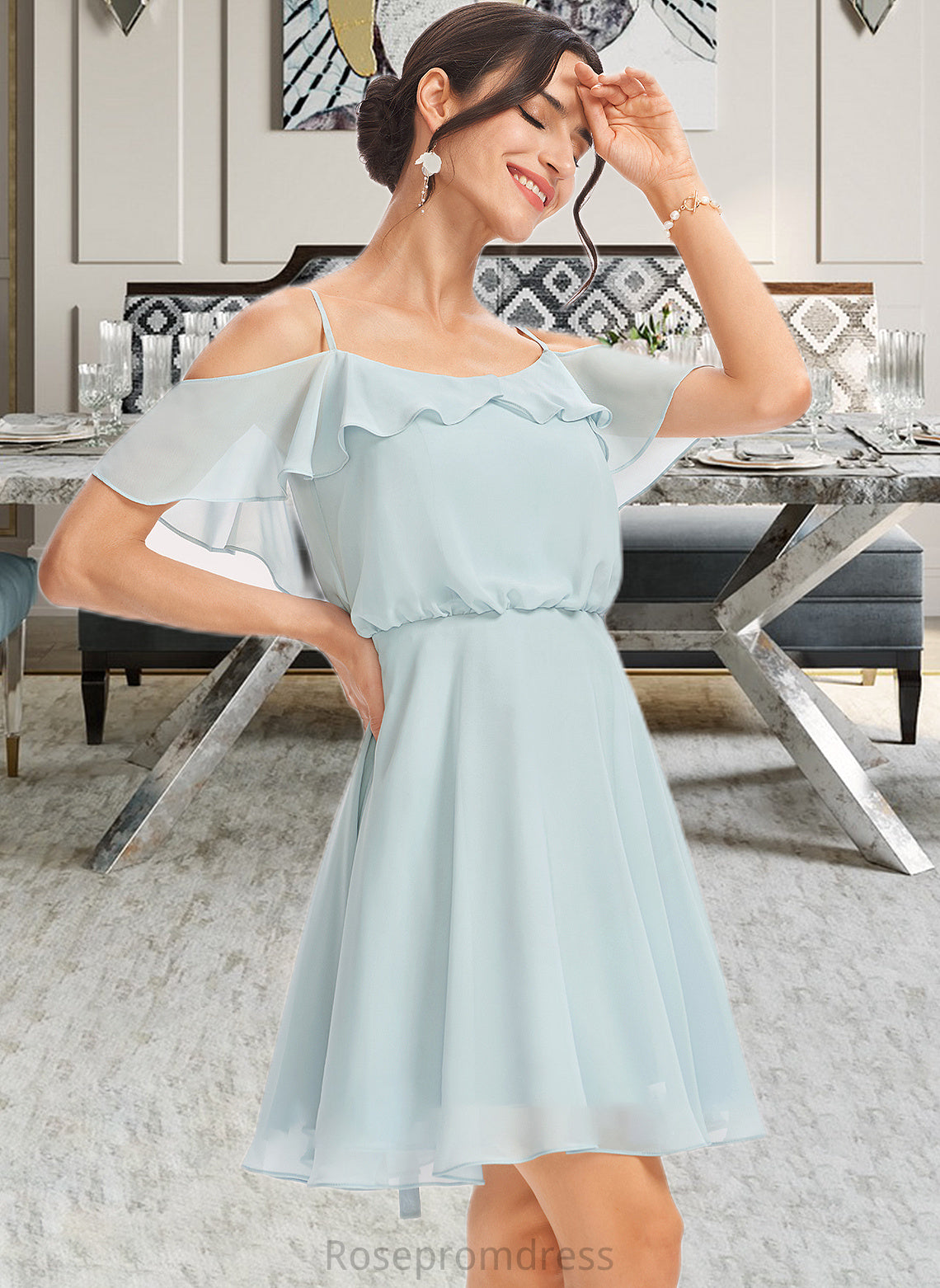 Jazmin A-Line V-neck Short/Mini Bridesmaid Dress With Cascading Ruffles SRSP0013023