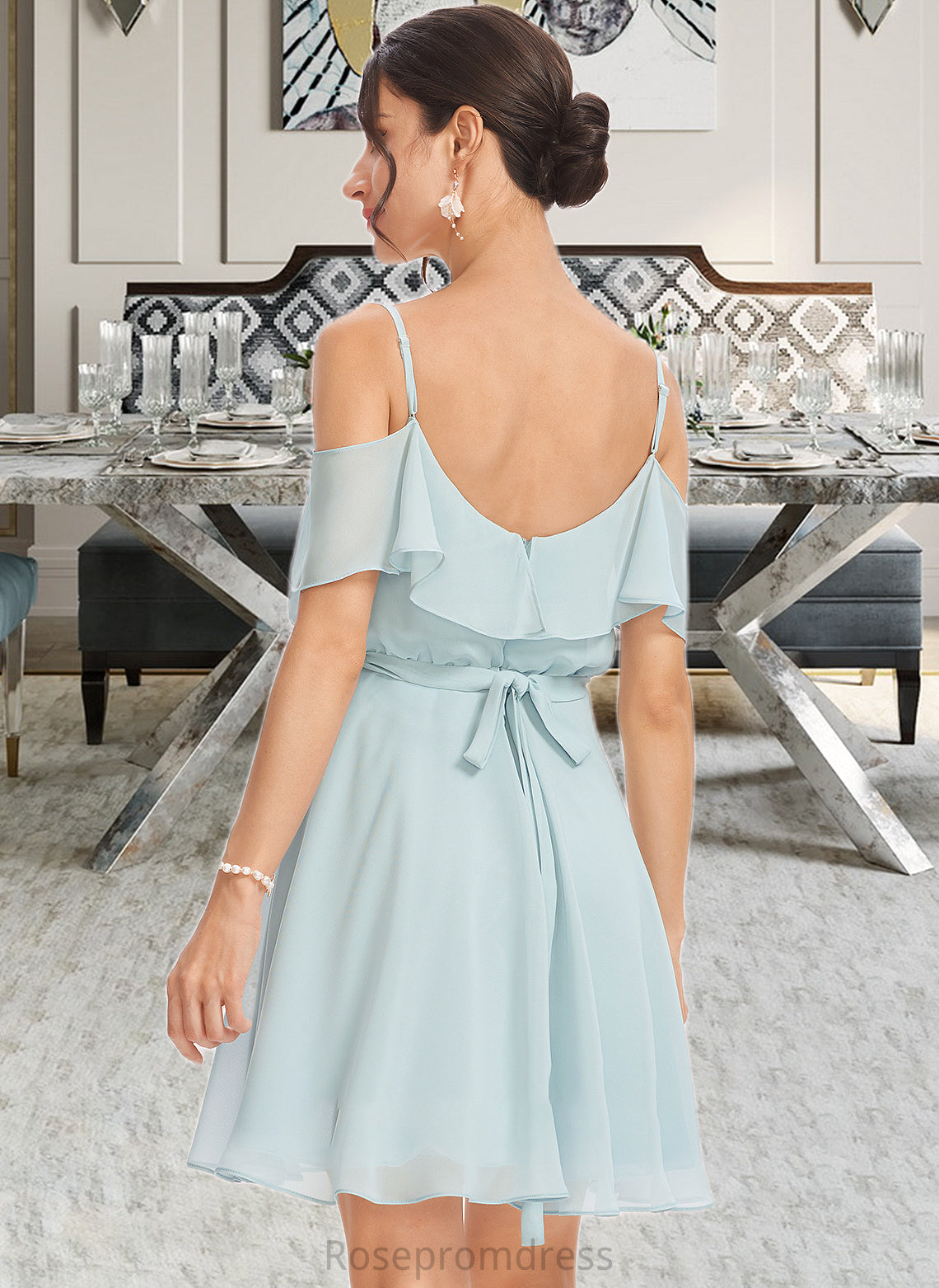 Jazmin A-Line V-neck Short/Mini Bridesmaid Dress With Cascading Ruffles SRSP0013023